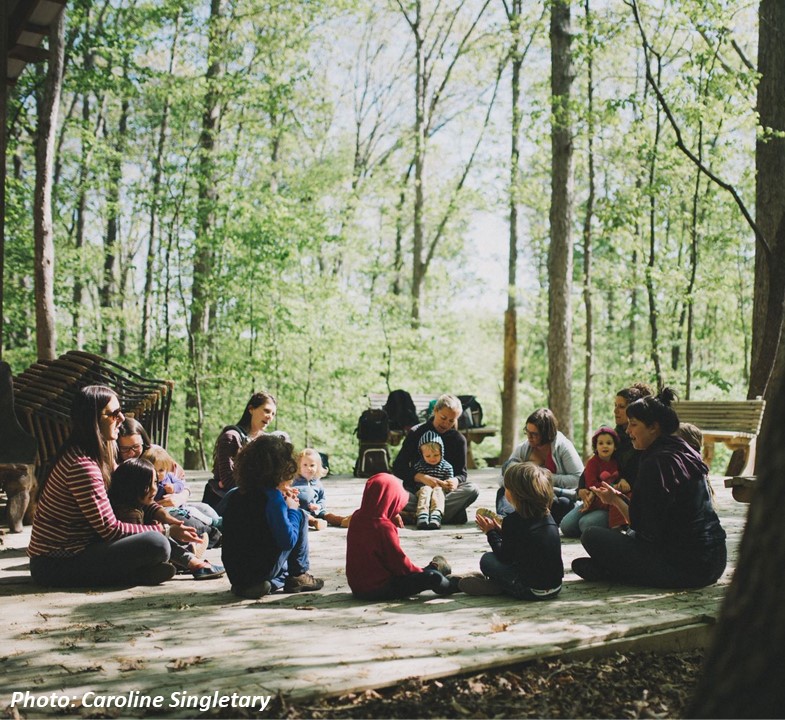 A photo of a group sat in a circle in a forest